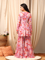 Lavender Women Floral Printed Pleated Kurta with Sharara