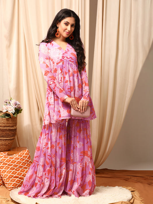 Lavender Women Floral Printed Pleated Kurta with Sharara