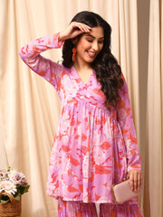 Lavender Women Floral Printed Pleated Kurta with Sharara