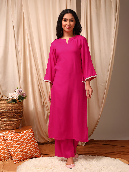 Magenta Women Regular Kurta with Trousers