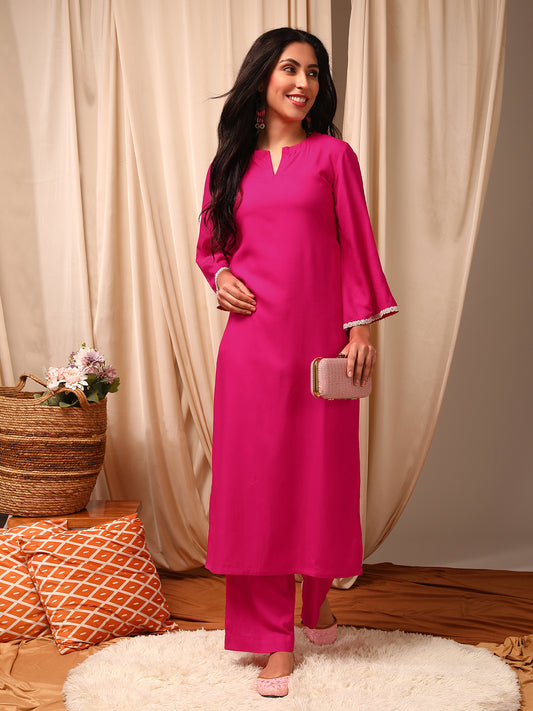 Magenta Women Regular Kurta with Trousers