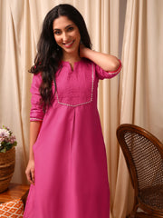 Pink Women Pleated Gotta Patti Pure Silk Kurta with Trousers