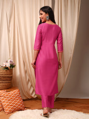 Pink Women Pleated Gotta Patti Pure Silk Kurta with Trousers