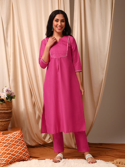 Pink Women Pleated Gotta Patti Pure Silk Kurta with Trousers