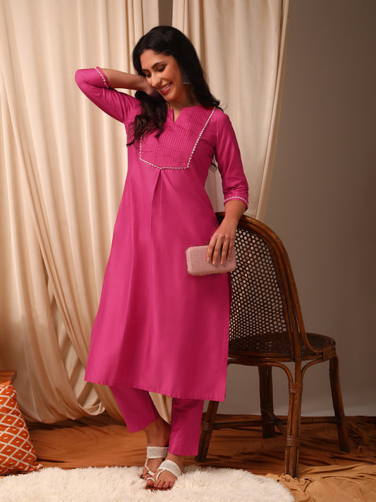 Pink Women Pleated Gotta Patti Pure Silk Kurta with Trousers