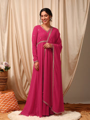 Pink Women Flared Sleeves Sequinned Georgette Anarkali Kurta