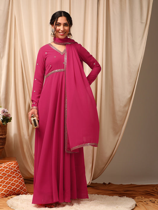 Pink Women Flared Sleeves Sequinned Georgette Anarkali Kurta