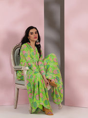 Green Women Floral Printed Pleated Gotta Patti Kurta with Sharara