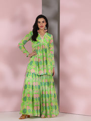 Women Floral Printed Pleated Gotta Patti Kurta with Sharara