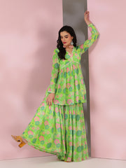 Women Floral Printed Pleated Gotta Patti Kurta with Sharara