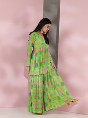 Women Floral Printed Pleated Gotta Patti Kurta with Sharara