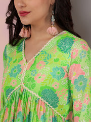 Green Women Floral Printed Pleated Gotta Patti Kurta with Sharara