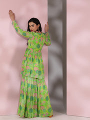 Women Floral Printed Pleated Gotta Patti Kurta with Sharara