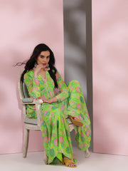 Green Women Floral Printed Pleated Gotta Patti Kurta with Sharara