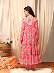 Pink Women Floral Printed Tiered Kurta with Trousers