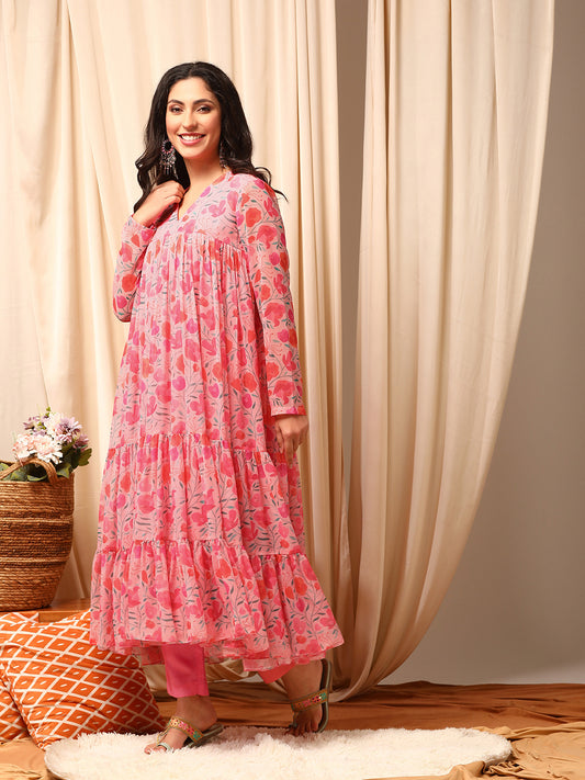 Pink Women Floral Printed Tiered Kurta with Trousers