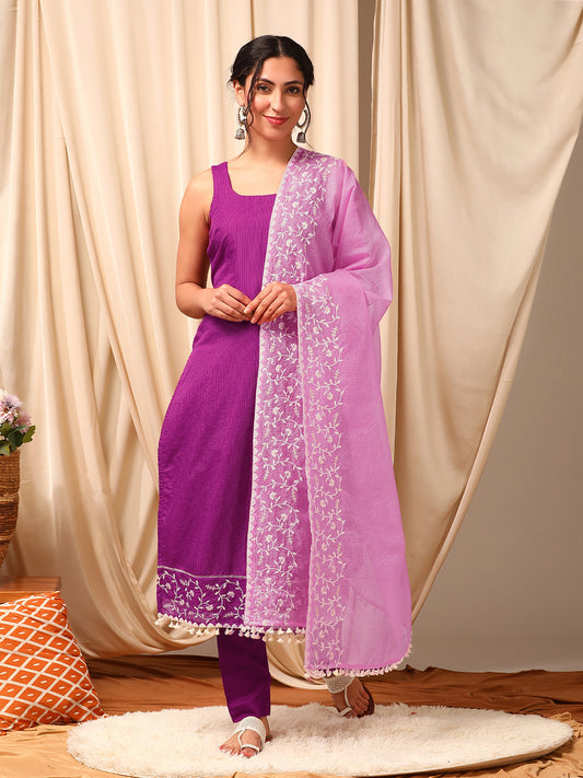 Women Purple Floral Embroidered Regular Thread Work Kurta with Trousers & With Dupatta