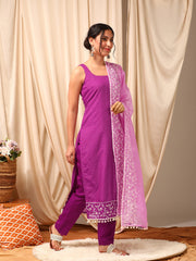 Women Purple Floral Embroidered Regular Thread Work Kurta with Trousers & With Dupatta