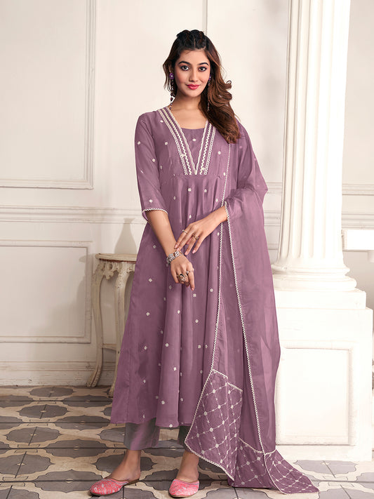 Women Floral Embroidered Empire Thread Work Kurta with Trousers & With Dupatta