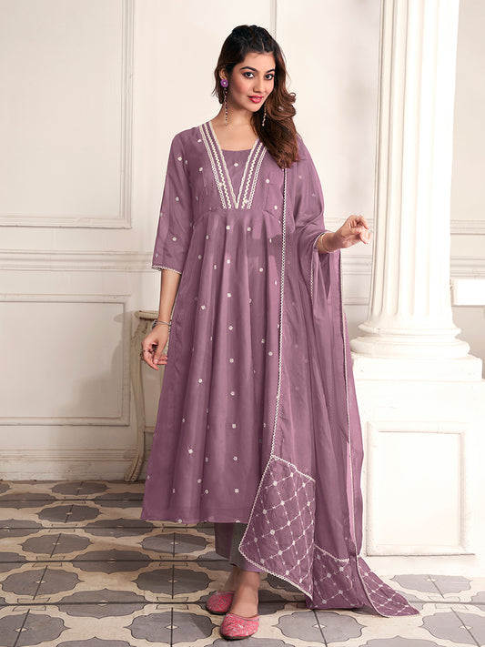 Women Floral Embroidered Empire Thread Work Kurta with Trousers & With Dupatta