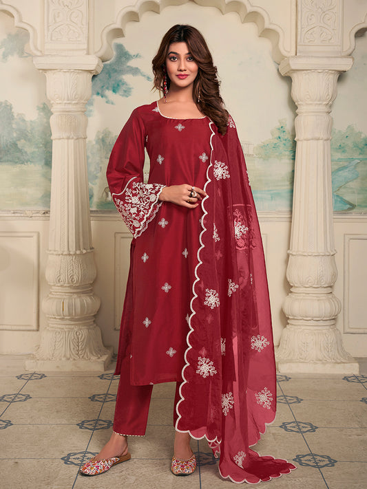 Women Floral Embroidered Regular Thread Work Kurta with Trousers & With Dupatta