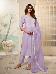 Floral Yoke Design Thread Work Kurta with Trousers & Dupatta