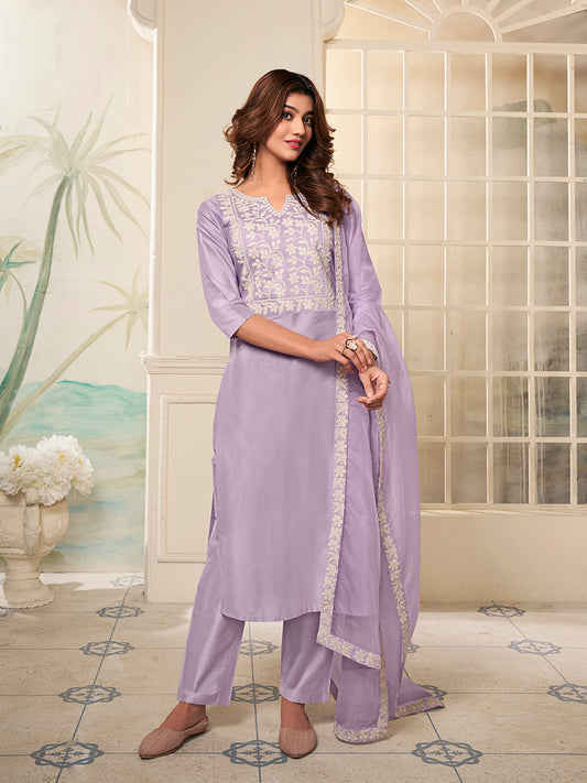 Floral Yoke Design Thread Work Kurta with Trousers & Dupatta