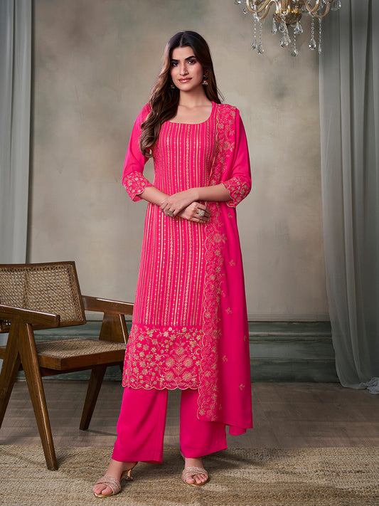 Women Floral Thread Sequinned Embroidered Kurta, Palazzos & Dupatta Set