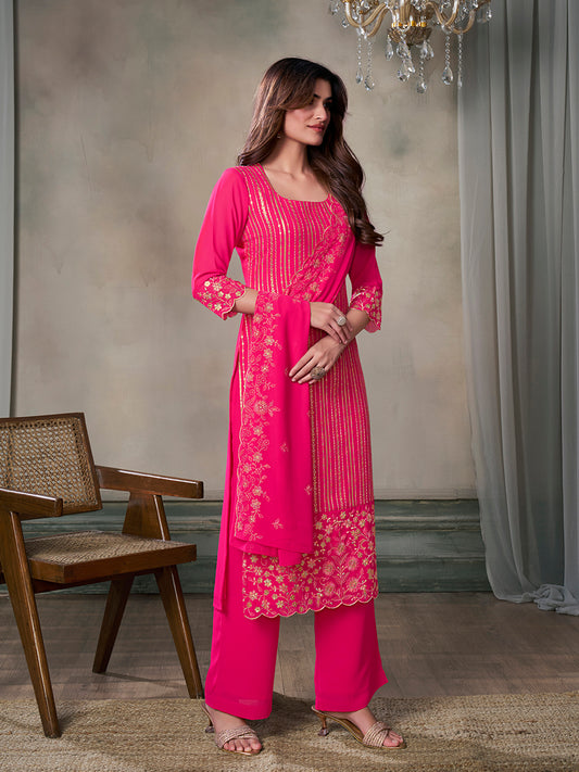 Women Floral Thread Sequinned Embroidered Kurta, Palazzos & Dupatta Set