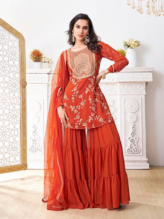 Floral Embroidered Thread Work Georgette A-Line Kurta With Sharara & Dupatta