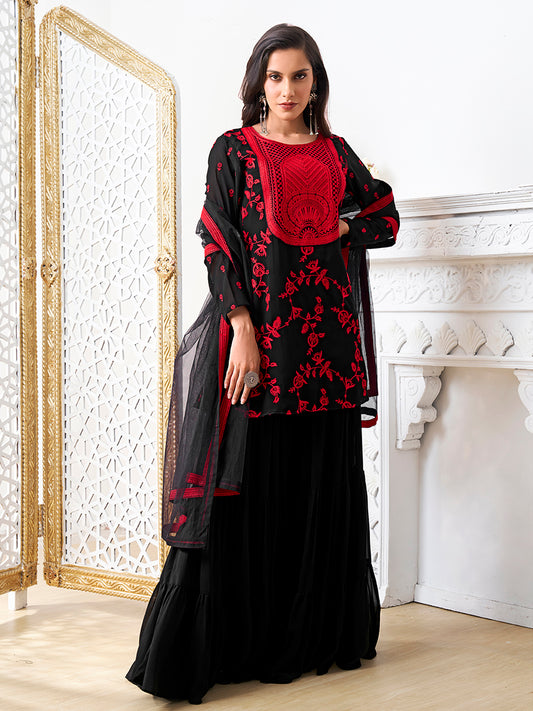 Women Floral Embroidered Regular Thread Work Kurta with Sharara & With Dupatta