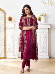 Women Floral Yoke Design Regular Thread Work Kurta with Trousers & With Dupatta