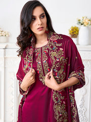 Women Floral Yoke Design Regular Thread Work Kurta with Trousers & With Dupatta