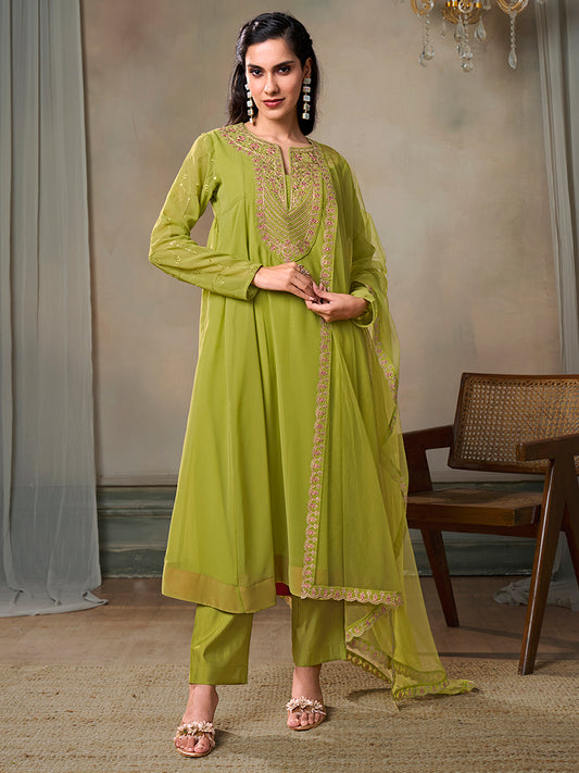 Women Floral Yoke Design Panelled Kurta with Trousers & With Dupatta