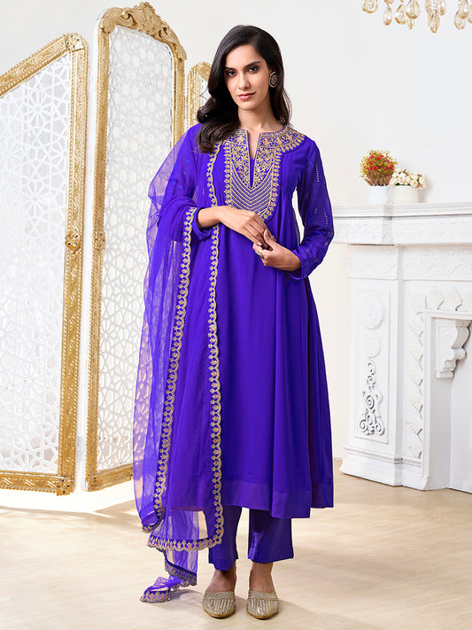 Floral Yoke Design Notch Neck Zari Georgette A-Line Kurta With Trousers & Dupatta