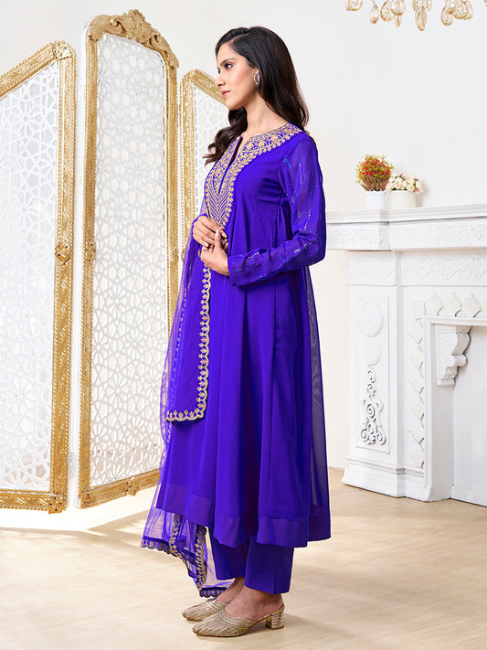 Floral Yoke Design Notch Neck Zari Georgette A-Line Kurta With Trousers & Dupatta