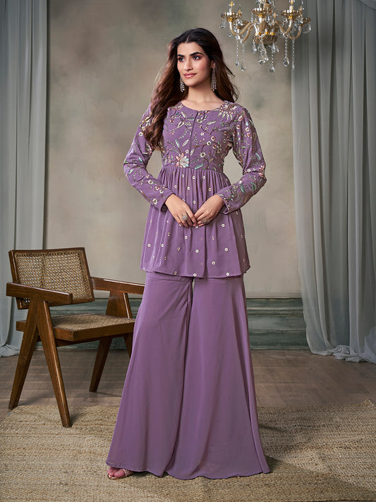 Women Floral Embroidered Pleated Thread Work Kurti with Sharara