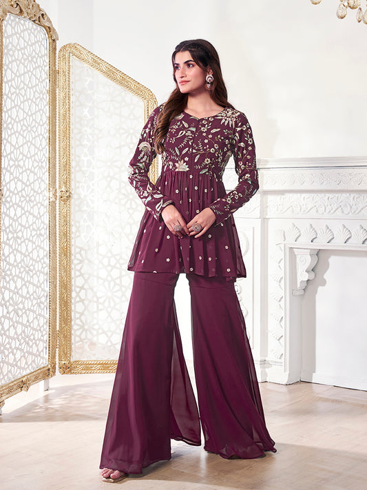 Women Floral Embroidered Pleated Thread Work Kurta with Sharara