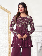 Women Floral Embroidered Pleated Thread Work Kurta with Sharara