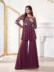 Women Floral Embroidered Pleated Thread Work Kurta with Sharara