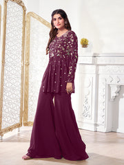 Women Floral Embroidered Pleated Thread Work Kurta with Sharara