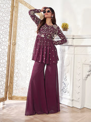 Women Floral Embroidered Pleated Thread Work Kurta with Sharara