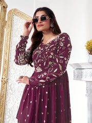 Women Floral Embroidered Pleated Thread Work Kurta with Sharara