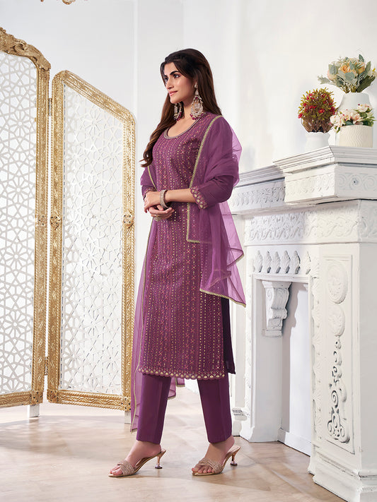 Women Ethnic Motifs Sequinned Embroidered Kurta Set with Dupatta