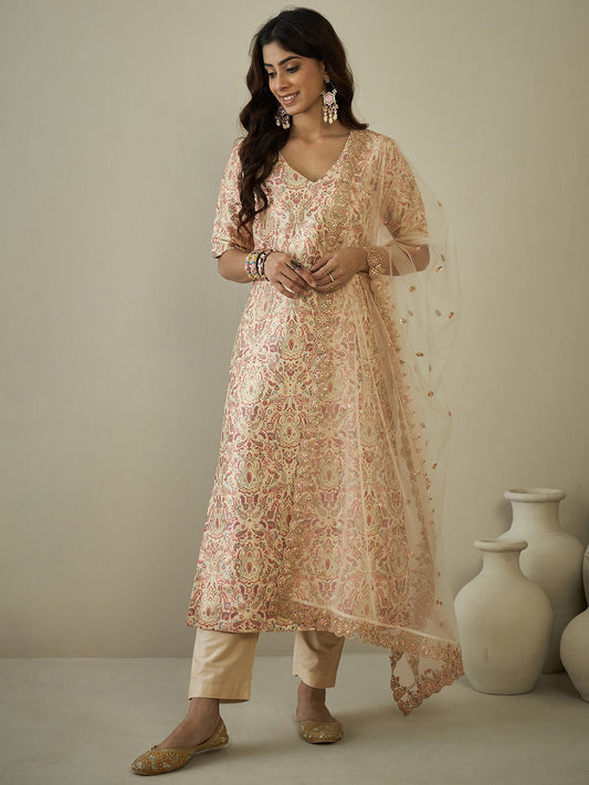 Paisley Woven Design V-Neck Zari Straight Kurta With Trousers & Dupatta