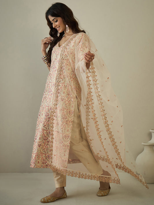 Paisley Woven Design V-Neck Zari Straight Kurta With Trousers & Dupatta