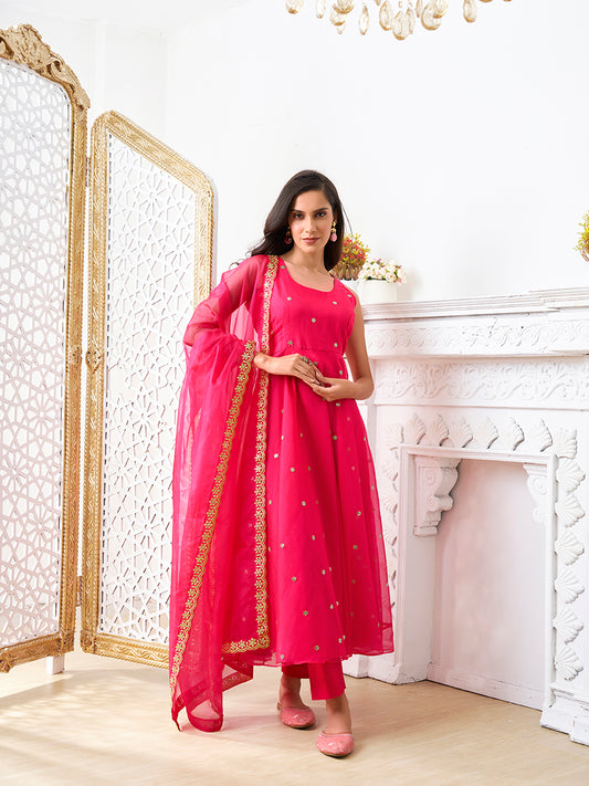 Women Floral Embroidered Regular Sequinned Kurta with Trousers & With Dupatta