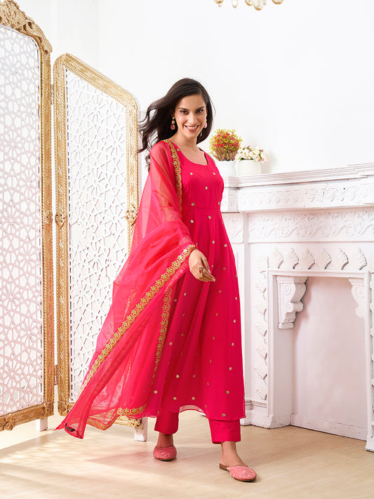 Women Floral Embroidered Regular Sequinned Kurta with Trousers & With Dupatta