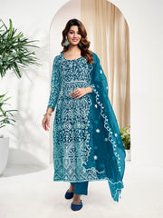 Floral Embroidered Regular Anarkali Net Kurta With Trouser With Dupatta