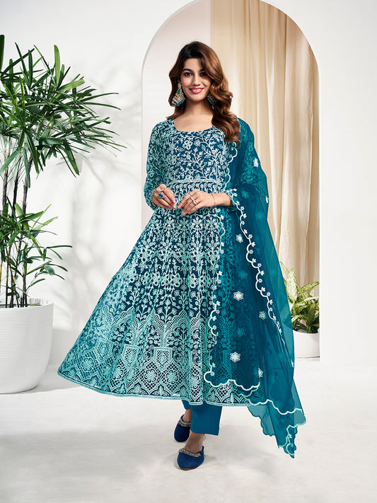 Floral Embroidered Regular Anarkali Net Kurta With Trouser With Dupatta